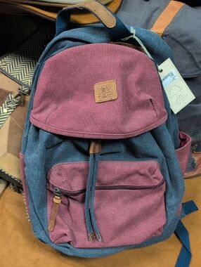 Two-Tone Burgundy and Navy Canvas Backpack - Women